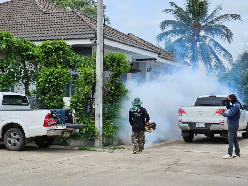 กองสาธารณสุขและสิ่งแวดล้อม เทศบาลตำบลปักธงชัย ออกพ่นหมอกควัน เพื่อกำจัดยุงลายพาหะนำโรคไข้เลือดออกให้กับประชาชนในพื้นที่