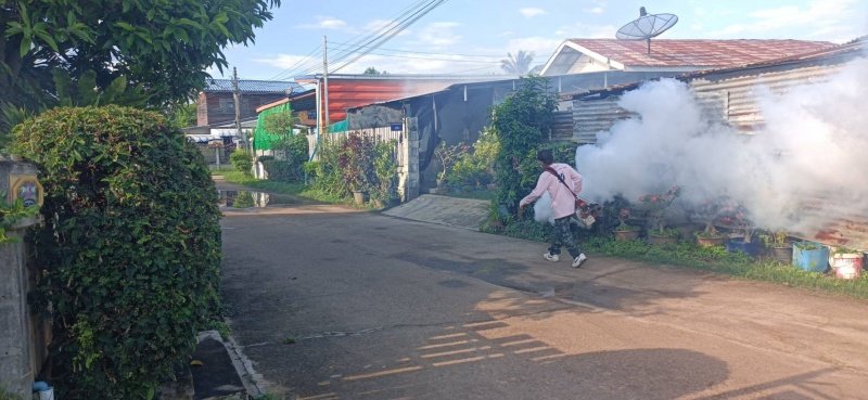 กองสาธารณสุขและสิ่งแวดล้อม เทศบาลตำบลปักธงชัย ออกพ่นหมอกควัน เพื่อกำจัดยุงลายพาหะนำโรคไข้เลือดออกให้กับประชาชนในพื้นที่
