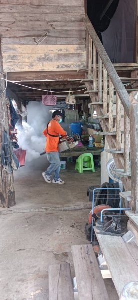 กองสาธารณสุขและสิ่งแวดล้อม เทศบาลตำบลปักธงชัย ออกพ่นหมอกควัน เพื่อกำจัดยุงลายพาหะนำโรคไข้เลือดออกให้กับประชาชนในพื้นที่
