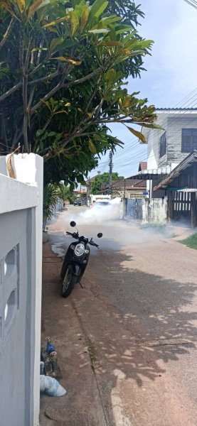 กองสาธารณสุขและสิ่งแวดล้อม เทศบาลตำบลปักธงชัย ออกพ่นหมอกควัน เพื่อกำจัดยุงลายพาหะนำโรคไข้เลือดออกให้กับประชาชนในพื้นที่